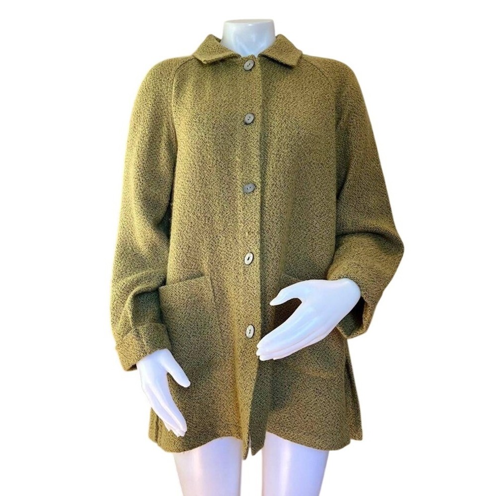 J. Jill Wool Blend Car Coat Small Olive Green Button Front Tweed Fall Mod Retro
